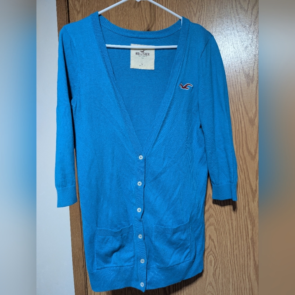 Hollister Women's Vibrant Blue Cardigan Large V Neck Y2K  3/4 Sleeve